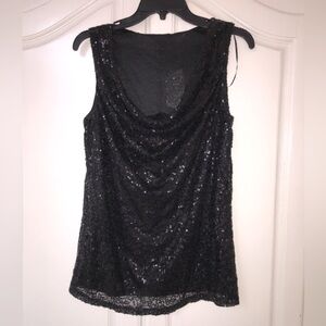 Adrienne Vittadini Black Sequin Cowl Neck Sleeveless Top Blouse
